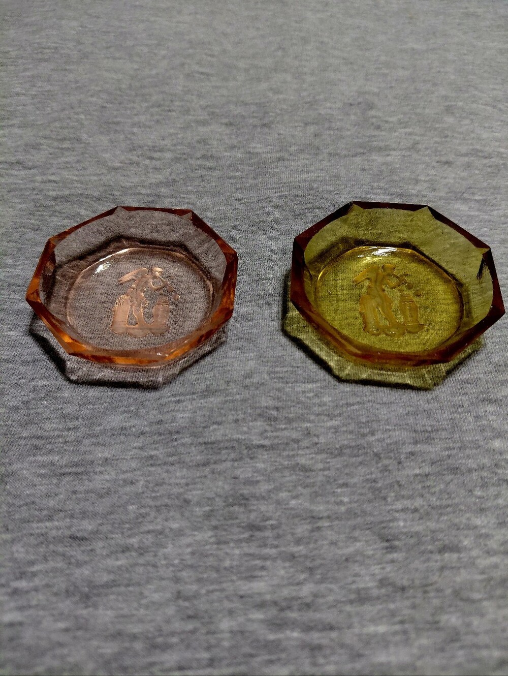 2 Vintage Intaglio Salt Dips - Amber & Pink Octagons
